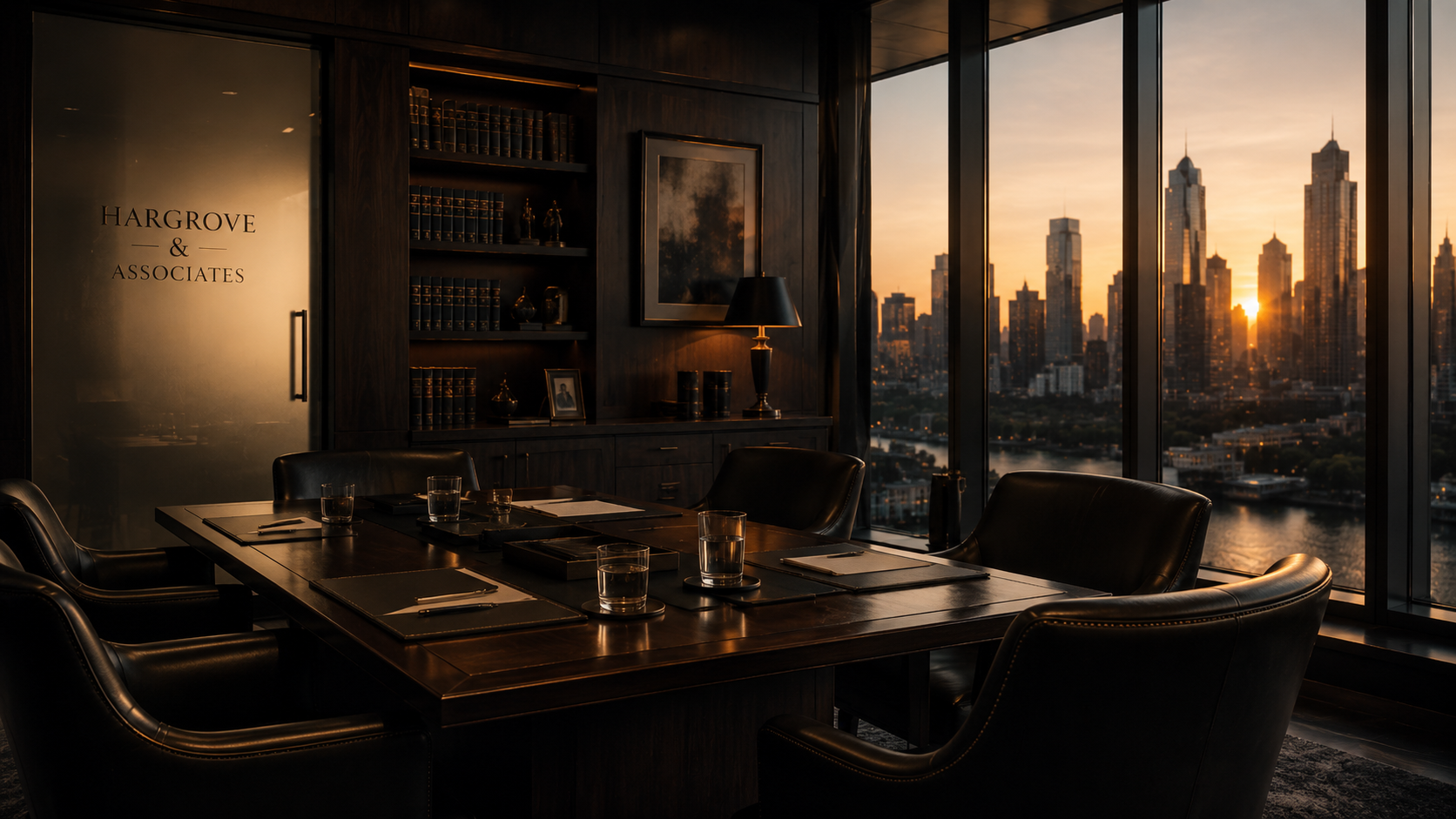 Hargrove & Associates private conference room at dusk